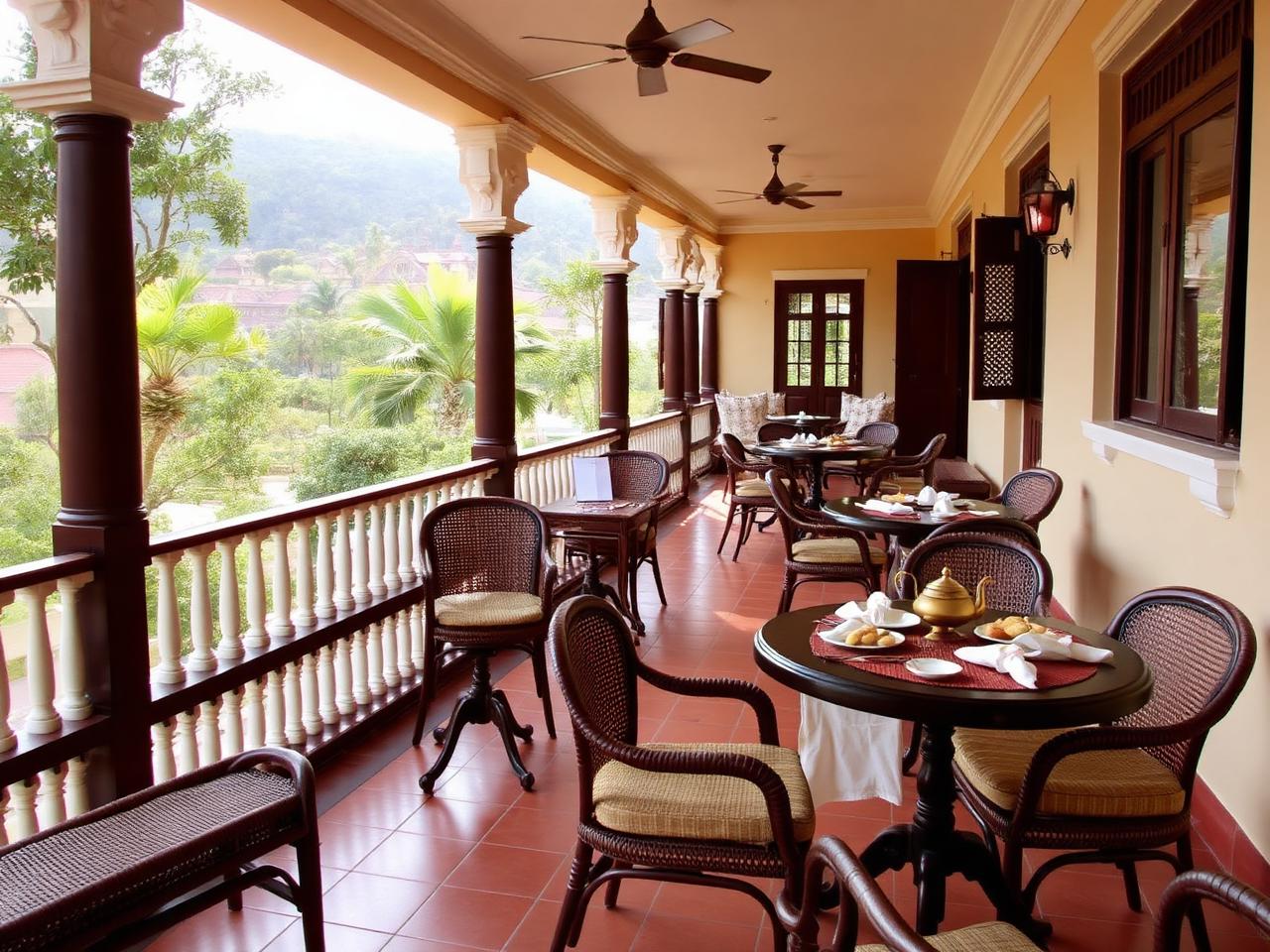 Breakfast veranda with cane chairs and a hill view at HESEGA