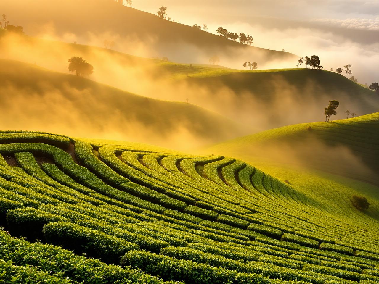 Misty tea garden terraces in the Nilgiri hills near Ooty